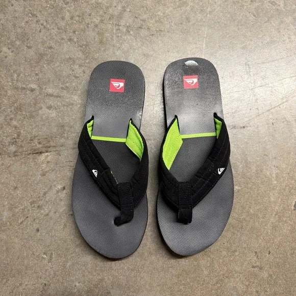 Quiksilver Mens Flip Flop Sandals Black Grey Neon Green Thong Beach Shoes 11.5in