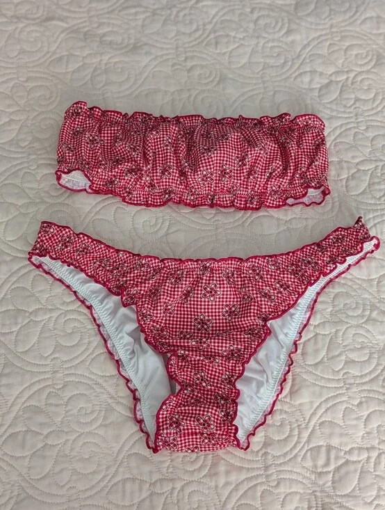PINK x Frankie's Bikinis Red Checkered Floral Bandeau Bikini Set - Medium
