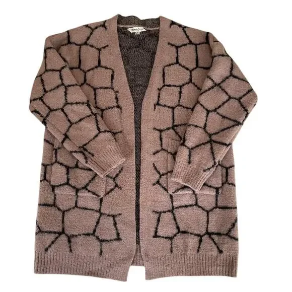 Davi & Dani Giraffe‎ Print Cardigan Open Front Long Sleeve Pockets Taupe Black M