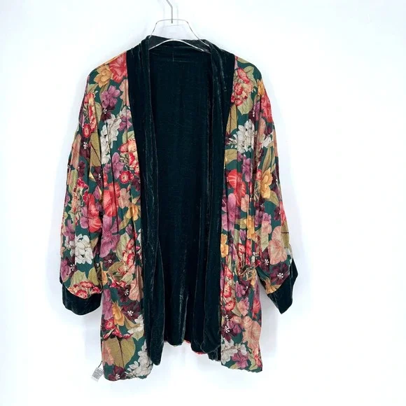 Johnny Was Jade Cardigan Womens‎ XL Reversible Velvet Silk Floral Green Kimono