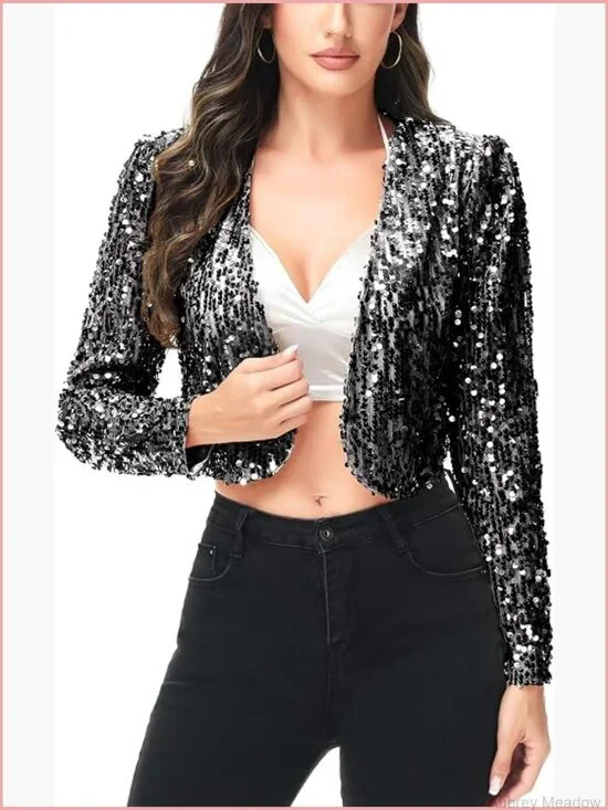 Women's Sequin Cropped Bolero Shrug Jacket Long Sleeve Sparkly Party Top