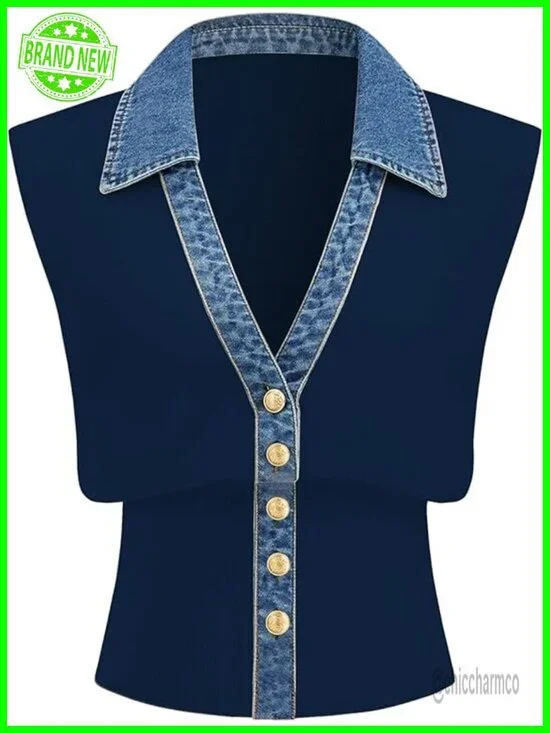Women's Denim Trim Sweater Vest V-Neck Crop Tank Knit Pullover