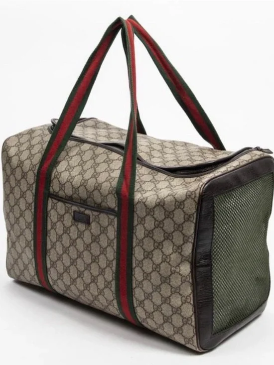 Gucci Beige Monogram Pet Travel Carrier with Green & Red Web Straps