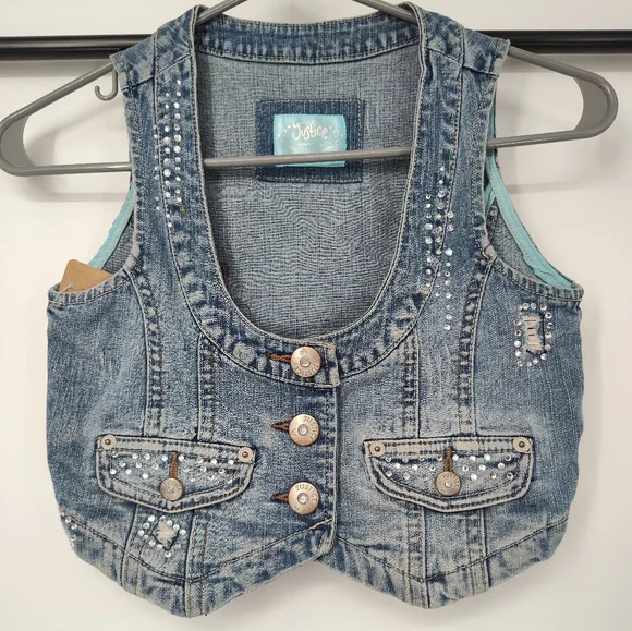 Justice Blue Denim Vest with Rhinestone Accents Girls Size Small, 10
