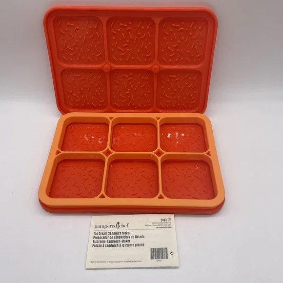 NEW Pampered Chef Ice Cream Sandwich Maker #2493 Orange‎ Silicone + Instructions