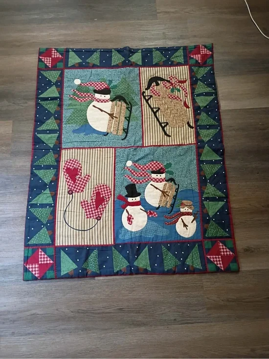 Holiday Snowman Patchwork Baby Crib Quilt - Red, Green, Blue