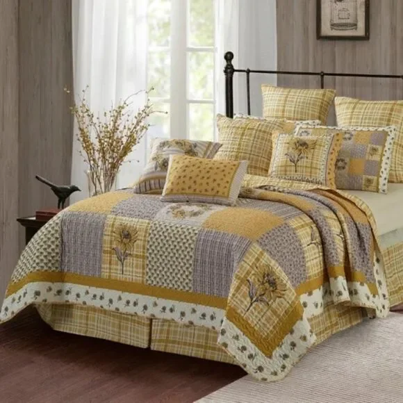 Farmhouse Sunflower Garden Patchwork KING Printed Quilt Set Sunshine Cottage