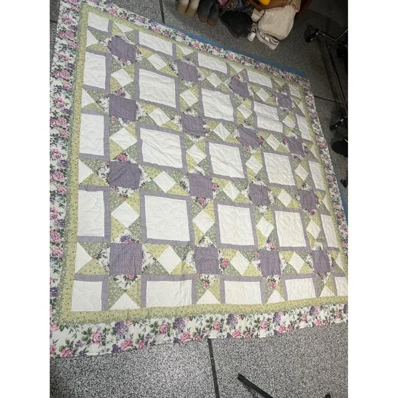 Vintage Floral Patchwork Ohio Star Quilt Full Queen 80x82 Lavender Sage Cottage