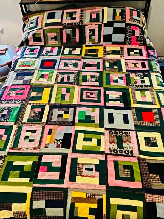 Vintage Log Cabin Quilt 75 x 90 Hand Quilted Cottagecore Prairie Rustic