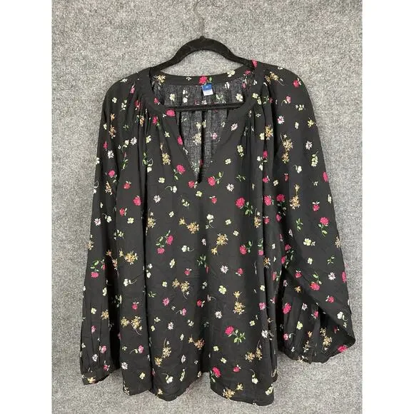 Old Navy Blouse 2X Plus Dark‎ Floral Boho Flowy Puff Sleeve Tassel Peasant Tunic