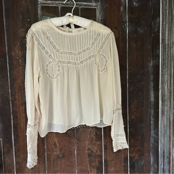 LoveShackFancy | Lace pin tucked Top Blouse Cream Puff Sleeve S