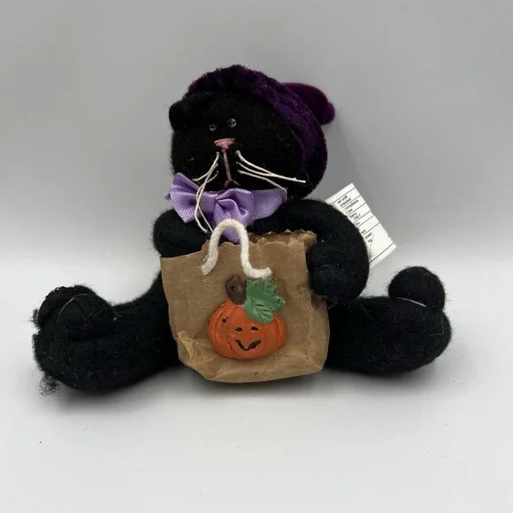 Vintage Hallmark Halloween Plush Black Cat Witch Fridge Magnet Pumpkin‎