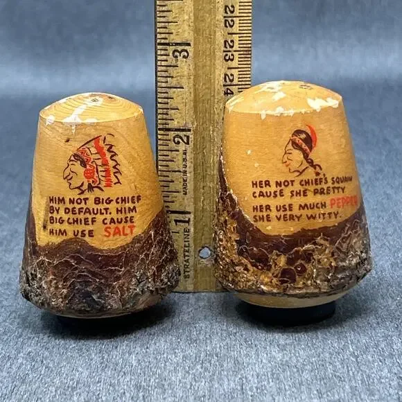Vintage Real Wood Big Chief Squaw Novelty Salt Pepper Shakers Bark Souvenir