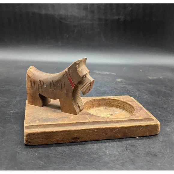 Vintage Hand Carved Wood Wooden Scottie Dog Puppy Ashtray 6.5