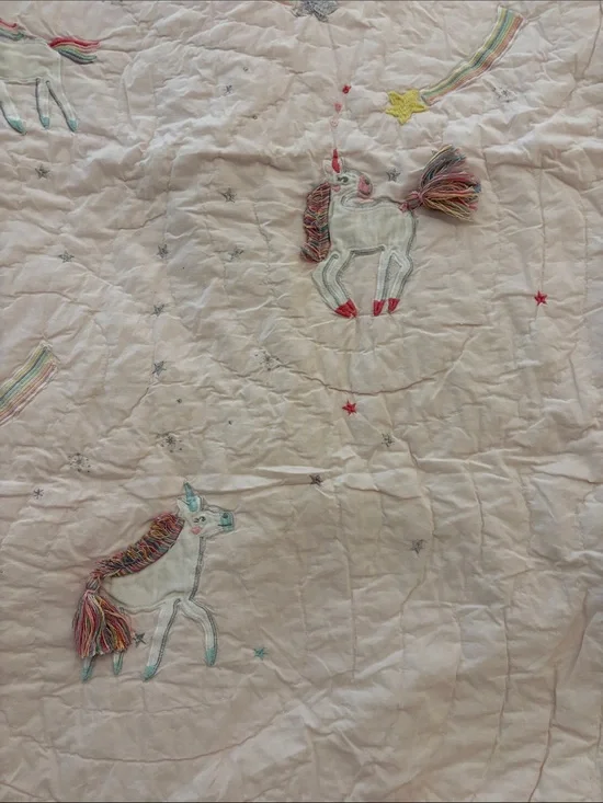 Pottery barn kids  Pink Unicorn Embroidered Quilt - Pastel Rainbow Bedding