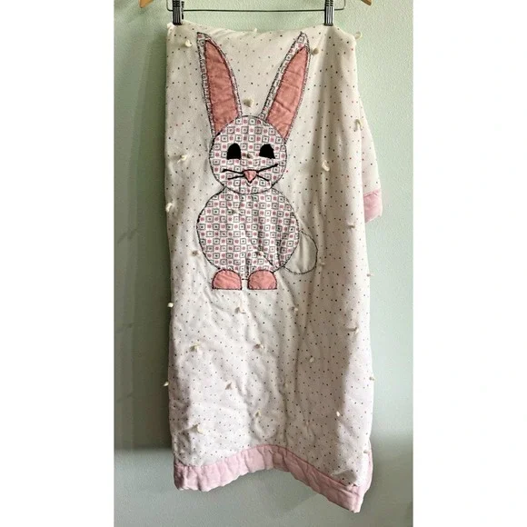 Quilt Flannel Hand Quilted Embroidered Baby Blanket Cotton Bunny Vtg 52 