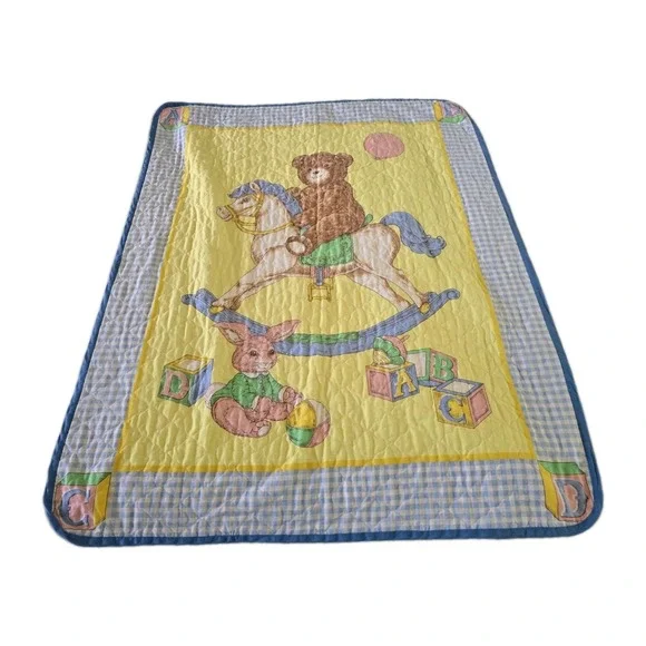 80s 90s Vintage Baby Quilt Top Teddy Bear Rocking Horse Gingham 43 X 34