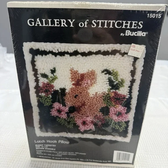 Vintage 1990 Sealed Bucilla 15015 Bunny Rabbit Latch Hook Pillow Tapestry Craft