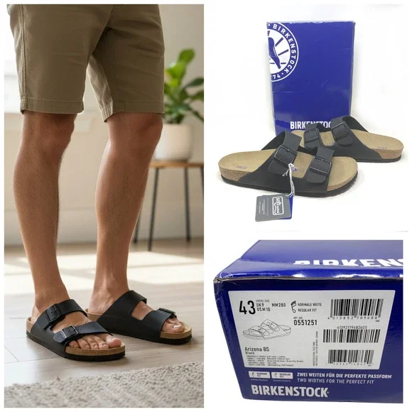 NEW Birkenstock Arizona Black Leather Soft Footbed Sandals Sz EU 43 US 10 NWB