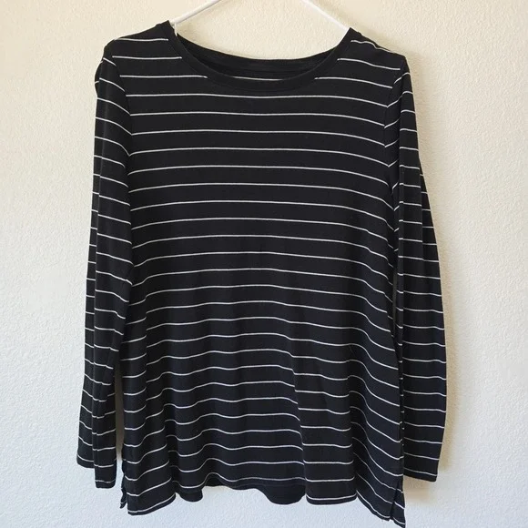 J. Jill Women Pima Cotton Crew Neck Long Sleeve Top Black Stripe Cozy Comfy Sz L