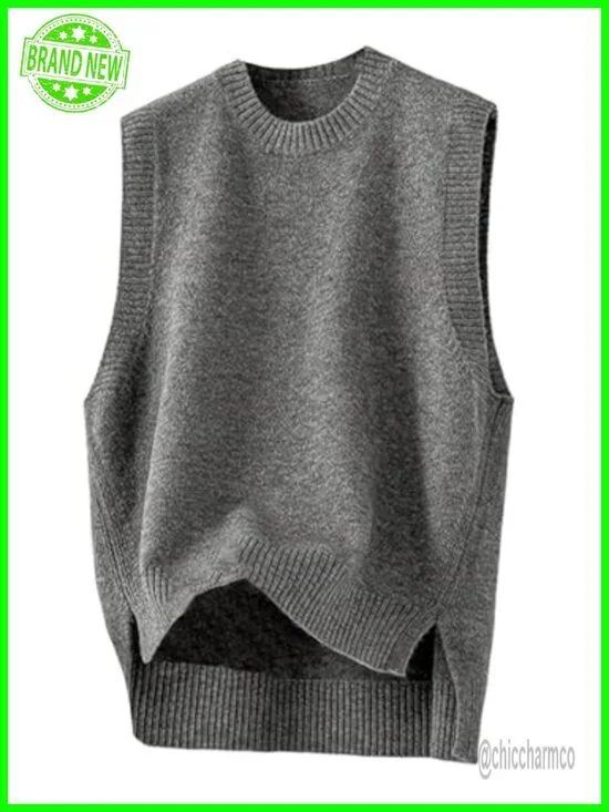 Sleeveless Sweater Vest - High Low Hem, Ribbed, Knit, Side Slit