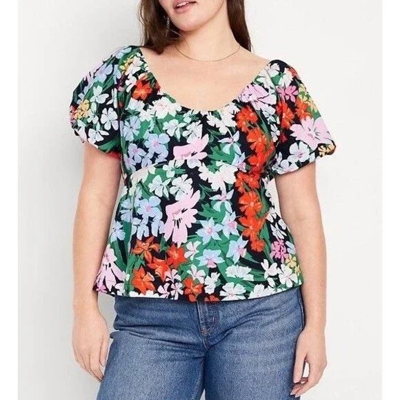 Old Navy Waist Defined V Neck Top Womens M Multi Ditsy Floral Smocked Back