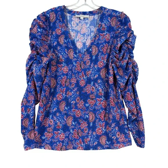LOFT Women Blue Floral V-Neck Puff Ruched Sleeve Crinkle Blouse Top •L• Romantic