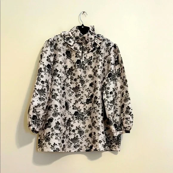 Tuckernuck Black Floral Ruffle-Neck Blouse on Cream
