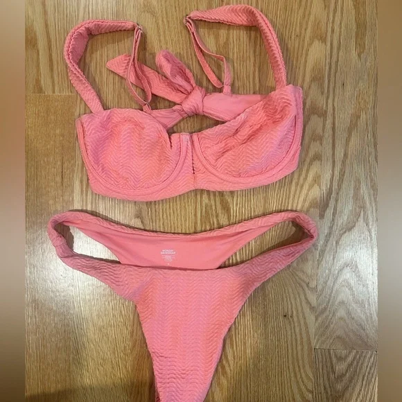 Monday Swimwear Coral Pink Textured Bikini Set