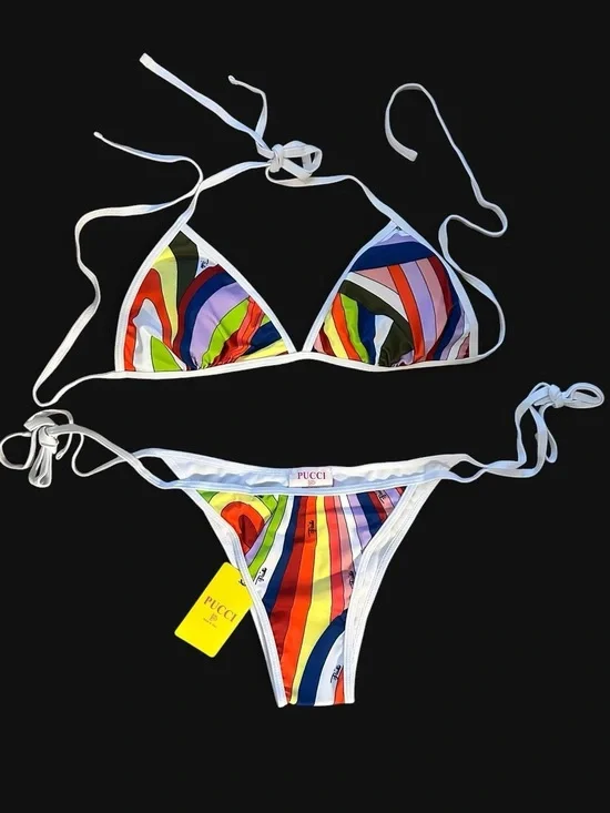 Multicolor Pucci Inspired Stripe Triangle Bikini with Matching Scarf