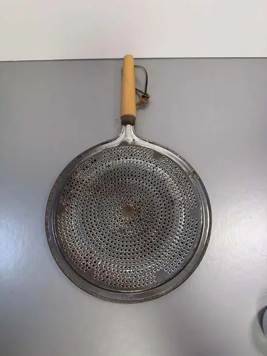 Vintage‎ 1950s Splatter Screen Flat Metal Strainer With Dark Wood Handle