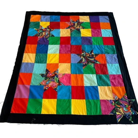 Handmade Rainbow Patchwork‎ Quilt Top Psychedelic Star Applique 41x50 Black Trim