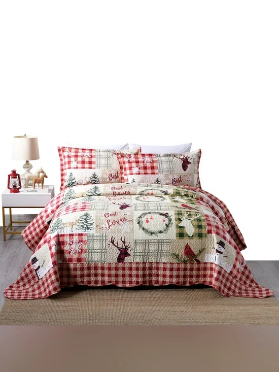 Red Christmas Plaid 3 piece queen Quilted Bedding Set