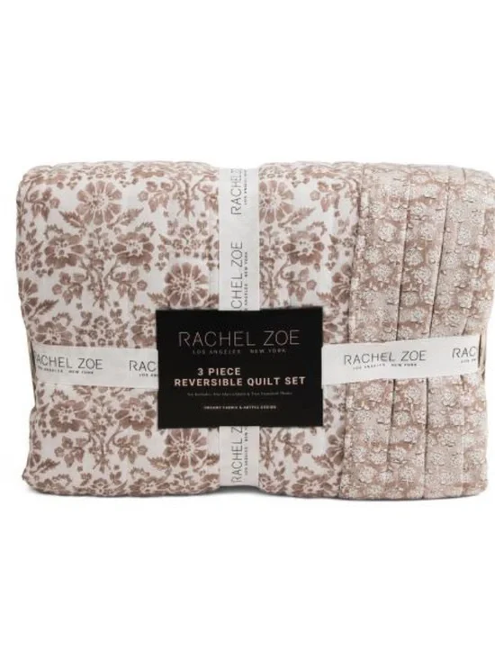 Rachel Zoe 3-Piece Reversible Quilt Set - Taupe Floral
