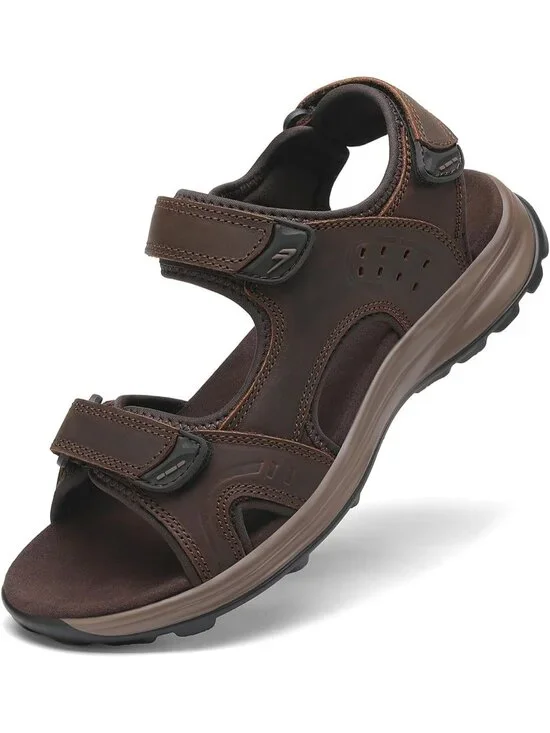 Men's Dark Brown Adjustable Open Toe Leather Athletic Sport Hiking Sandal Shoes