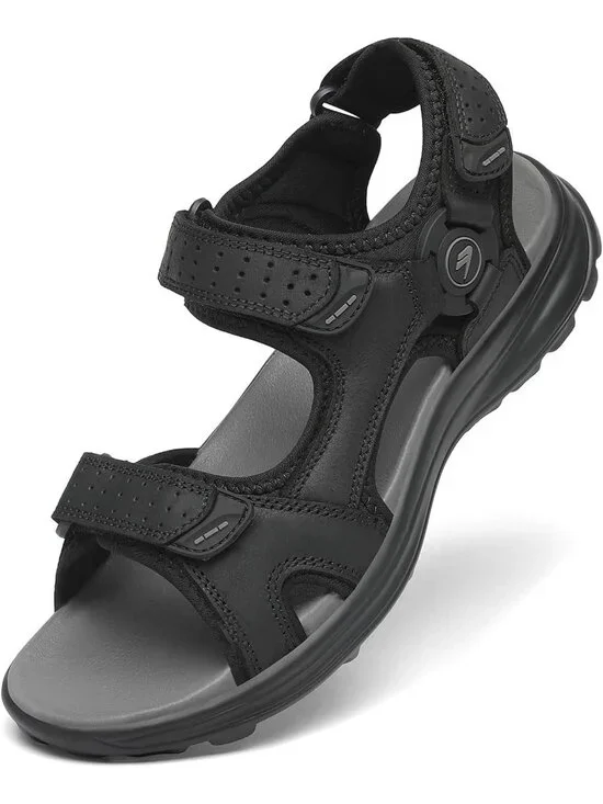 Men's Black Adjustable Strap Open Toe Leather Athletic Sport Hiking Sandal Shoes