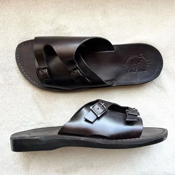 Jerusalem Dark Brown Stiff Leather Slide Sandal Men EU 47 US 13.5-14 Double Monk