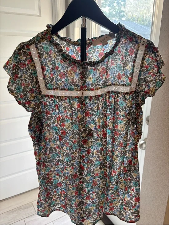LOFT Multicolor Floral Ruffle-Trim Blouse