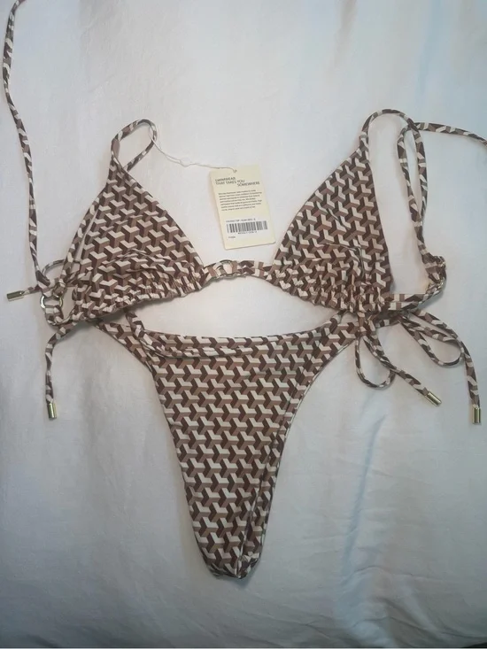 monday swimwear husk geo havana top + side tie bottoms bikini set small medium
