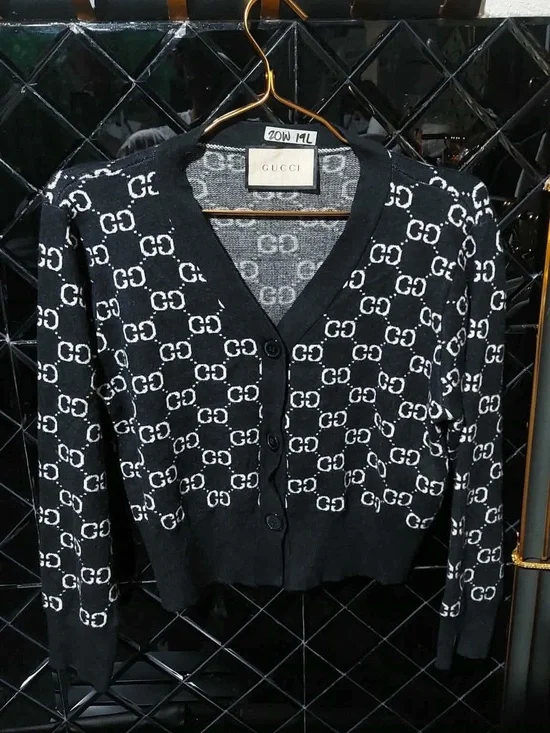 Gucci Black and White GG Motif V-Neck Cardigan