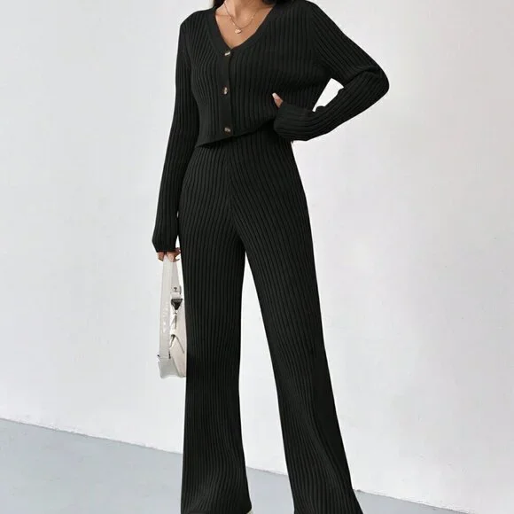 Black Casual Women's Summer Ribbed Knit Cardigan & Flare Leg Knit Pants set