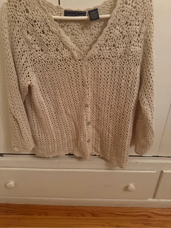 Laura Scott Cream Open-Knit Button Front Cardigan