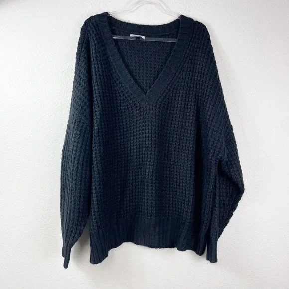 American Eagle Womens XL Black‎ Chunky Knit V-Neck Sweater Oversized Pullover