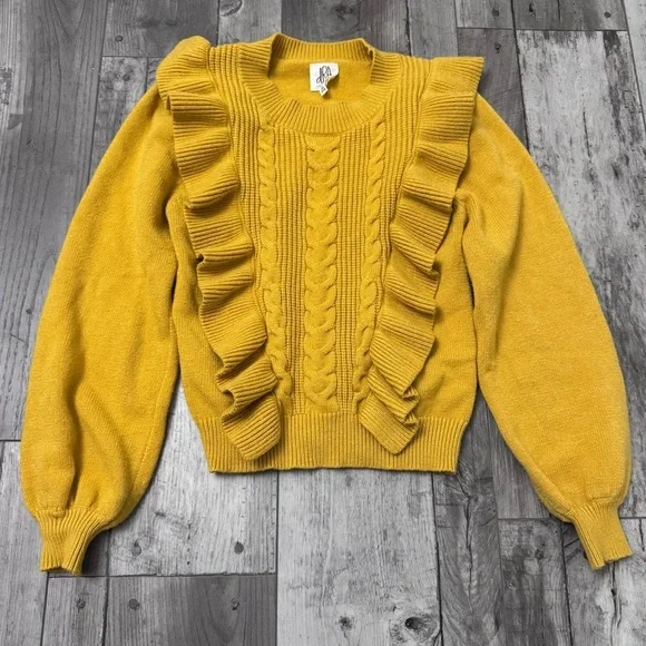 Anthropologie x DRA Los Angeles Cable Knit Fisherman Sweater Yellow Ruffle XS