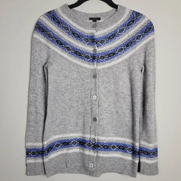 Talbots Womens Lambswool Fair Isle Cardigan Sweater XS Petite Gray Nordic Cozy