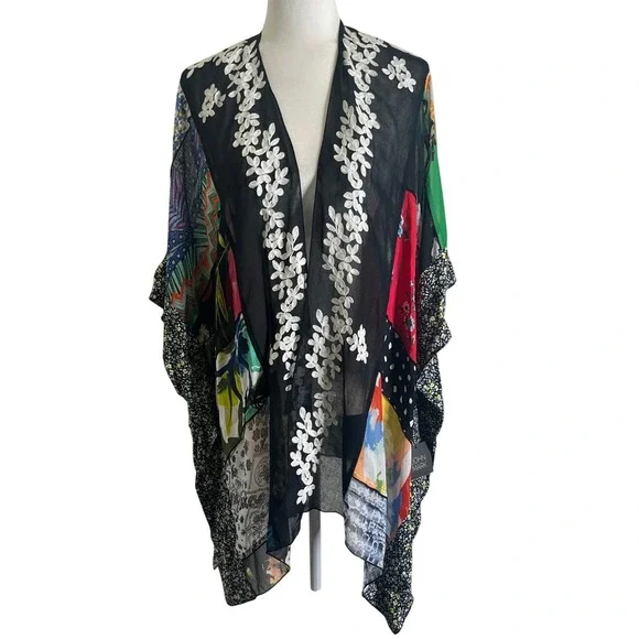 John Mark Kimono Wrap Womens XL Multicolor New Patchwork Floral Embroidered Boho