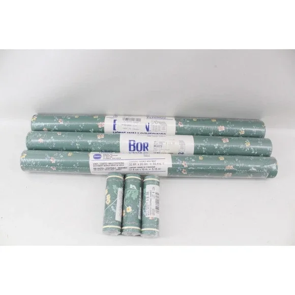 Deadstock Vintage MCM Borden Green Vinyl Wallcovering 3 rolls WC829 3‎ - WB828