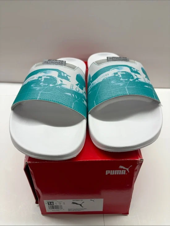 NEW Puma X Mercedes Formula 1 White & Teal Graphic Slide Sandals