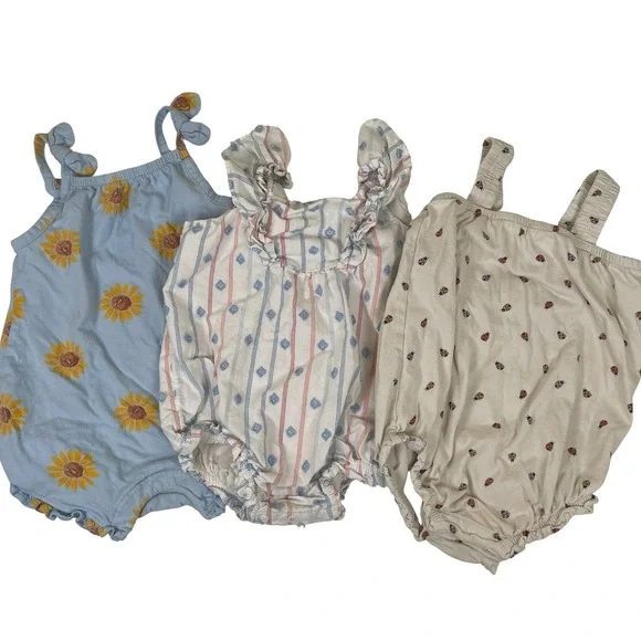 Baby Girl Romper Set‎ 3pc Sunflower Stripe Ladybug Ruffle Tie Shoulder Summer