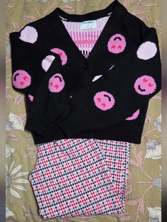 Old Navy Black Cardigan with Pink Smiley Dot Knit